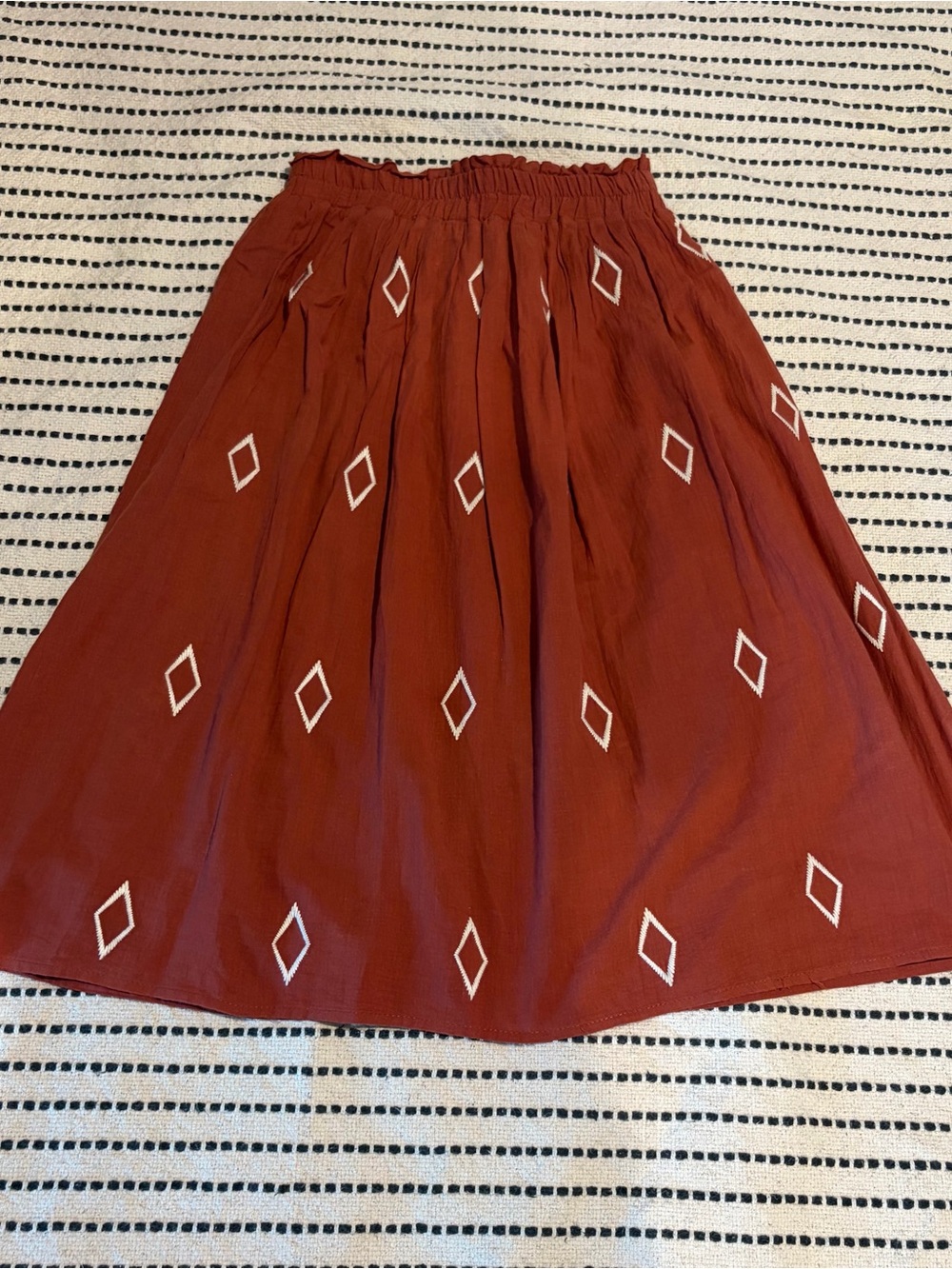 Roolee Rust Red Midi Skirt with White Diamond Embroidery